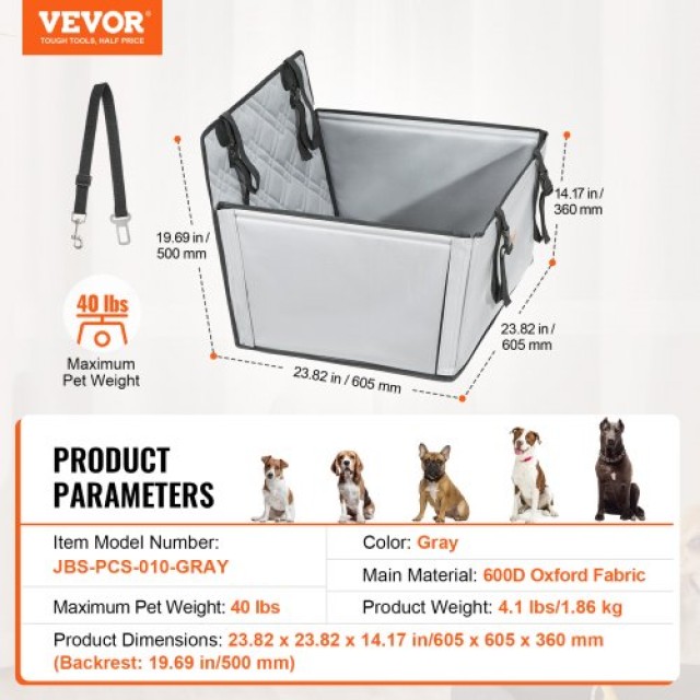 VEVOR Κάθισμα Αυτοκινήτου για Σκύλους έως 18 kg Γκρι CWZGQCZYHSKJX1D6KV0
