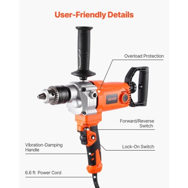 VEVOR Ηλεκτρικό Αναδευτήρας Δράπανο 1200W 0-750RPM με Καλώδιο για Μείξη Υλικών FJZJBJAC1200E38E3001V2