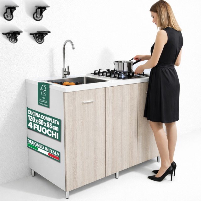 Shally Dogan Πλήρης Κουζίνα  Δρυς με Εστία 4 Καυστήρων και Νεροχύτη με Μπαταρία 120 x 60 x 85 cm 02001802