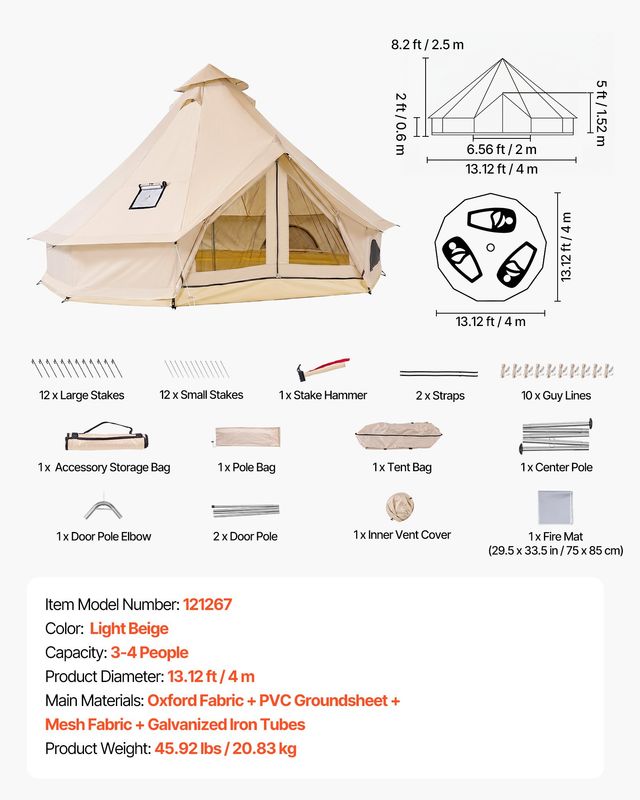 VEVOR Σκηνή Yurt Oxford 4 m για 4 Άτομα, 4 Εποχών, με Υποδοχή Σόμπας και Αποσπώμενο Δάπεδο KJZPQMS82FT4OPPC4001V0
