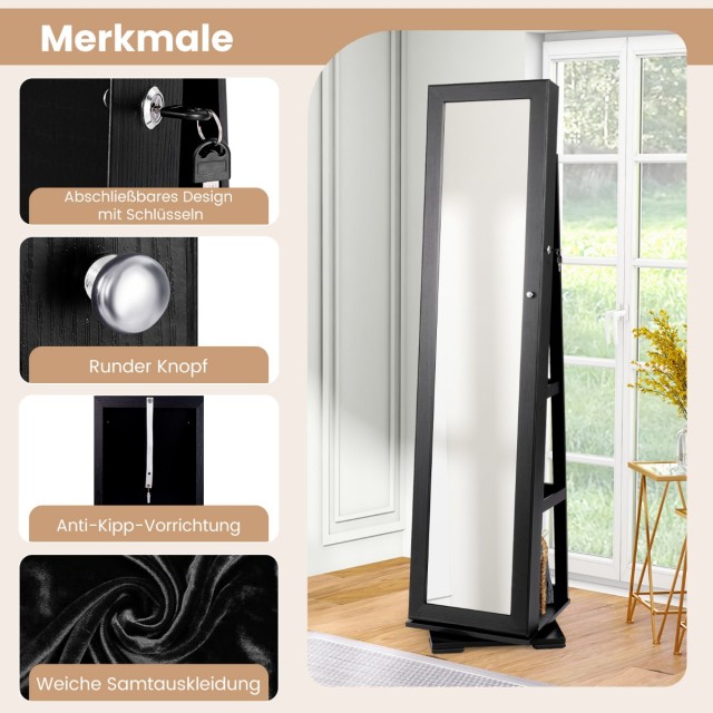 Costway Μαύρο Ντουλάπι Κοσμημάτων με Ολόσωμο Καθρέφτη και Ενσωματωμένο Καθρέφτη Μακιγιάζ HW64483DK