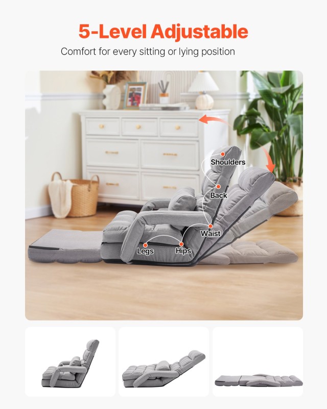 Πολυθρόνα Δαπέδου με 5 Ρυθμιζόμενες Θέσεις και Μπράτσα 64 x 63 x 69 cm Γκρι DBYZDCKYFS00BNW2KV0 Vevor