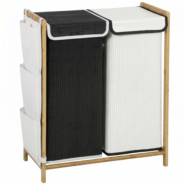 HOMCOM Καλάθι Απλύτων 2 Θέσεων 120L με Καπάκια, Πλαϊνές Τσέπες και Αφαιρούμενους Σάκους 850-382V00MX