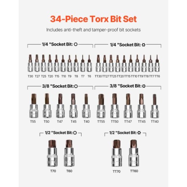 VEVOR Σετ Καρυδάκια Torx 34 Τεμαχίων T6-T70 S2 Ατσάλι PTTT143812TO3PNXZV0