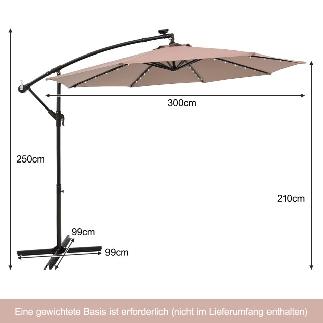 Costway Κρεμαστή ομπρέλα κήπου με 40 ηλιακά LED και μανιβέλα, ανοιχτό καφέ, 250 x 300 x 300 cm NP11556CF