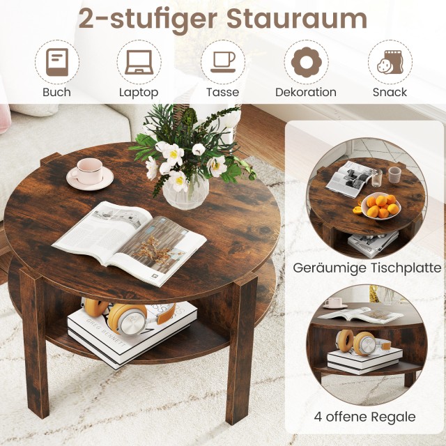 Στρογγυλό Τραπέζι Καθιστικού με Χώρο Αποθήκευσης και 4 Ράφια  74,5 x 74,5 x 45,5 cm σε Καφέ Ξύλο JV12601CF Costway