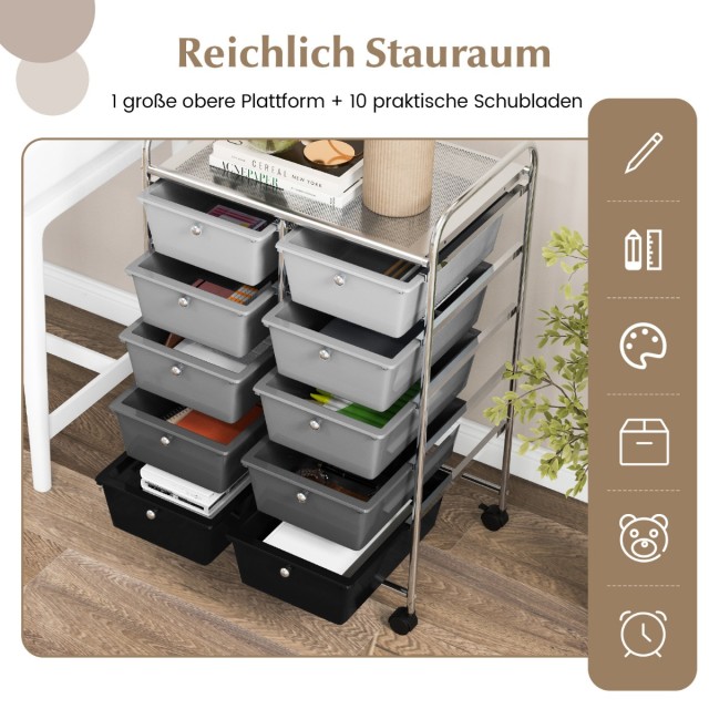 Costway Κινητό καρότσι αποθήκευσης με 10 συρτάρια σε ρόδες Γκρι-μαύρο JV11073KM