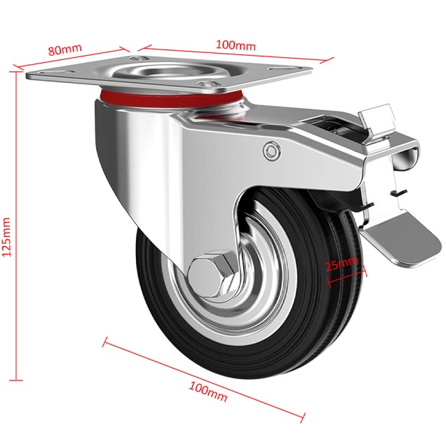 BAKAJI Σετ 4 Περιστρεφόμενοι Τροχοί Βαρέως Τύπου με Φρένο 125x80x100mm 02839294