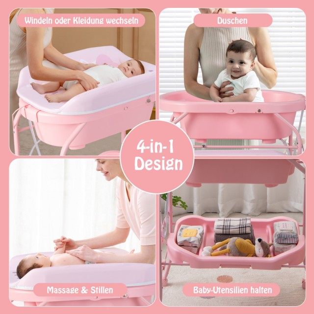 Costway Πτυσσόμενο Ροζ Τραπέζι Αλλαγής με Μπανιέρα και Επιφάνεια Αλλαγής AC10011EU-PI