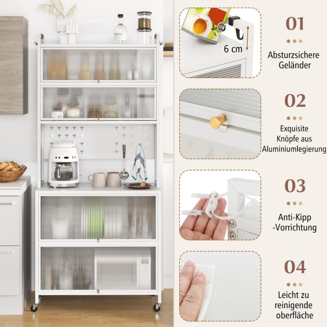 Costway 6-επίπεδος Κουζινόθηκη με Ανοιχτό Ράφι, Διαφανείς Πόρτες & Ρόδες, Κατασκευασμένος από Ανθρακοχάλυβα JV12281WH