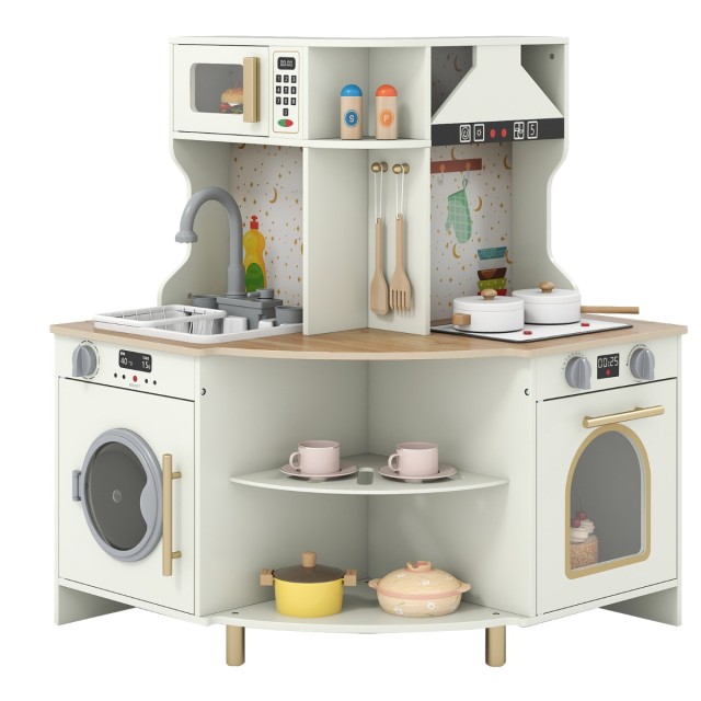 Costway Παιδική Ξύλινη Κουζίνα με Λειτουργικό Νεροχύτη & Βρύση - Γωνιακό Σετ Παιχνιδιού TP10419BE