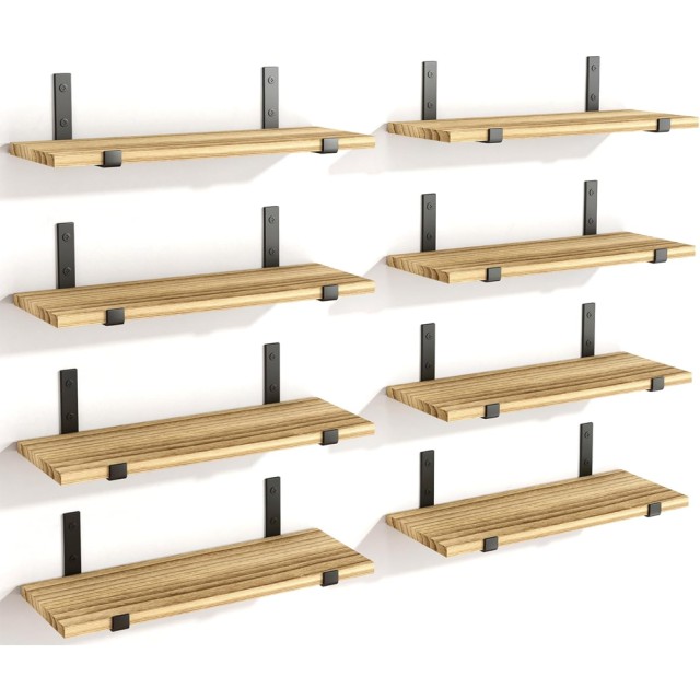 BAKAJI Σετ 8 Ξύλινων Ραφιών Τοίχου από Δρυ με Μαύρα Στηρίγματα 40x15εκ 02002161