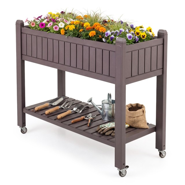 Costway Υπερυψωμένο διαιρούμενο παρτέρι λαχανικών με ρόδες και δείκτη στάθμης νερού, καφέ, 88,5 x 44 x 108 cm GT4443BN