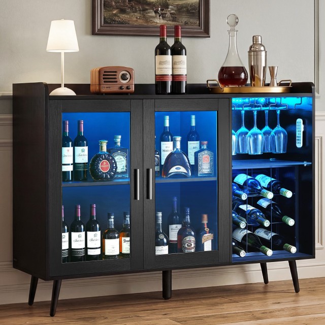 VEVOR Ντουλάπι Κρασιού και Μπαρ Καφέ 90 x 40 x 120 cm, με 9 Θήκες Μπουκαλιών, Θήκη Ποτηριών και Ρυθμιζόμενο LED, Μαύρο Ξύλο BSJJKQK2BLM1U1L5W001V9