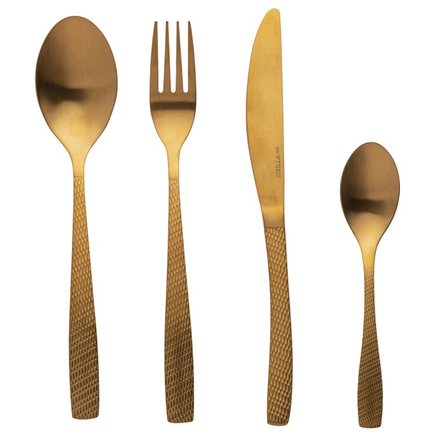 Galileo Σετ 16 μαχαιροπίρουνα από ανοξείδωτο χάλυβα με σατινέ χρυσό και σφυρήλατη λαβή Harlem Sibilla 5918048