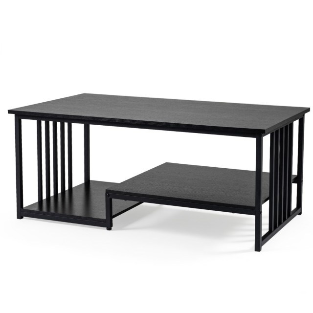 Costway Ορθογώνιο τραπεζάκι σαλονιού με 2 ράφια και ανθεκτικό μεταλλικό σκελετό, μαύρο, 45 x 110 x 60 cm JV13765DK