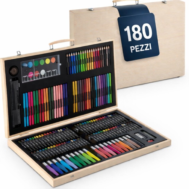 BAKAJI Ξύλινη Κασετίνα με 180 Τεμάχια Χρωμάτων – Βαλίτσα Καλλιτέχνη για Ζωγραφική και Σχέδιο 02002153