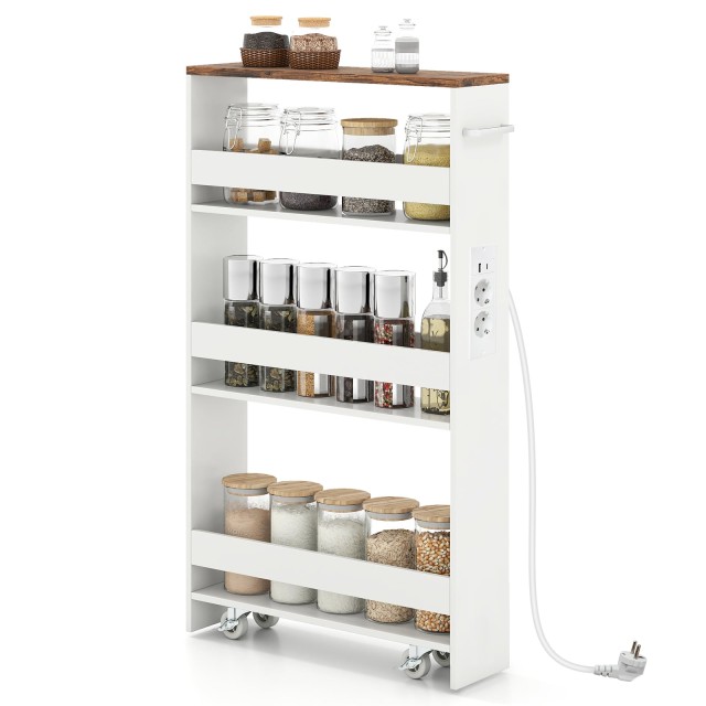 Costway Λεπτό τροχήλατο αποθηκευτικό καρότσι 13 εκατοστών με σταθμό φόρτισης, 4 επιπέδων, με λαβή, σε ρουστίκ καφέ. 80,5 x 13 x 47,5 cm JV11161DE-CF