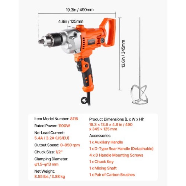 VEVOR Ισχυρό Μίξερ Τρυπανιού 1100W, 0-850 RPM για Μείξη Χρωμάτων FJZJBJAC10506UFEZ001V2