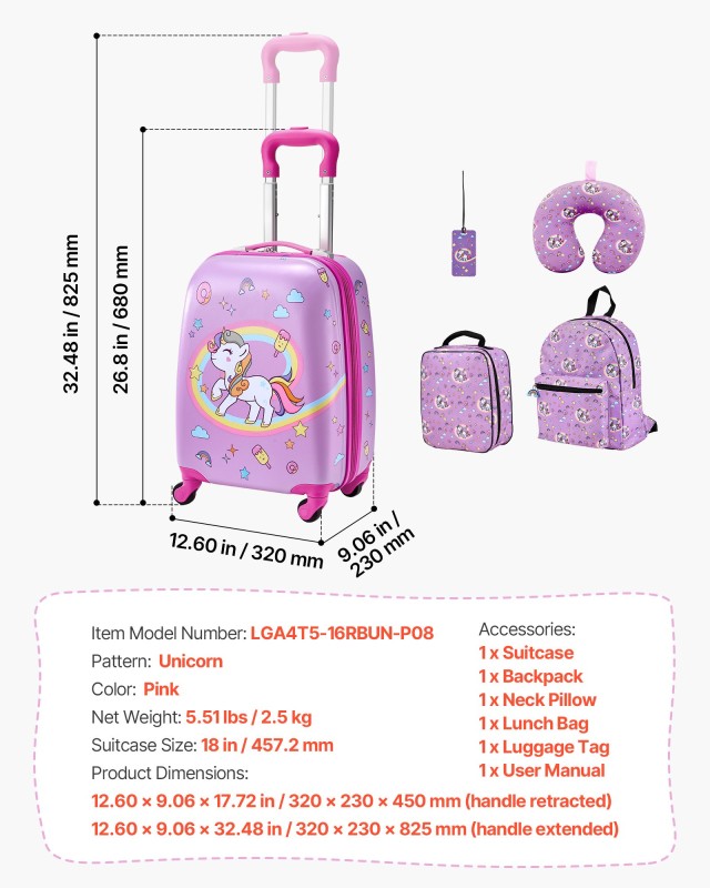 VEVOR Σετ Βαλίτσας Παιδικό 5 τεμαχίων, 45,7 εκ., Σκληρό Περίβλημα με Ρόδες, Μονόκερος, Κατάλληλο για Αεροπορικά Ταξίδια 5JTETXLXXG5POVEK0001V0