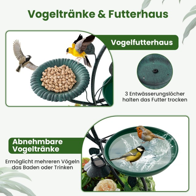 Costway Ποτίστρα πουλιών με ηλιακό φωτισμό, μπανιέρα πουλιών, ταΐστρα, γλάστρα 50 x 33 x 83 εκ. Μπρονζέ. PZ10009QT