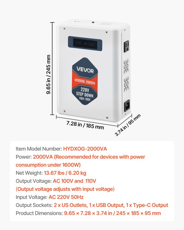 VEVOR Μετασχηματιστής Τάσης 2000VA, 220V σε 110V, 2 Αμερικάνικες Πρίζες DXDYZHQJY110IDWO5001V7