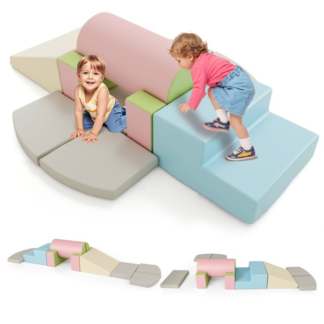 Costway Σετ 10 τμχ Αφρώδη Τουβλάκια για Σκαρφάλωμα & Τσουλήθρα Μαλακά Μαξιλαράκια Μπλε + Γκρι FH10147HS