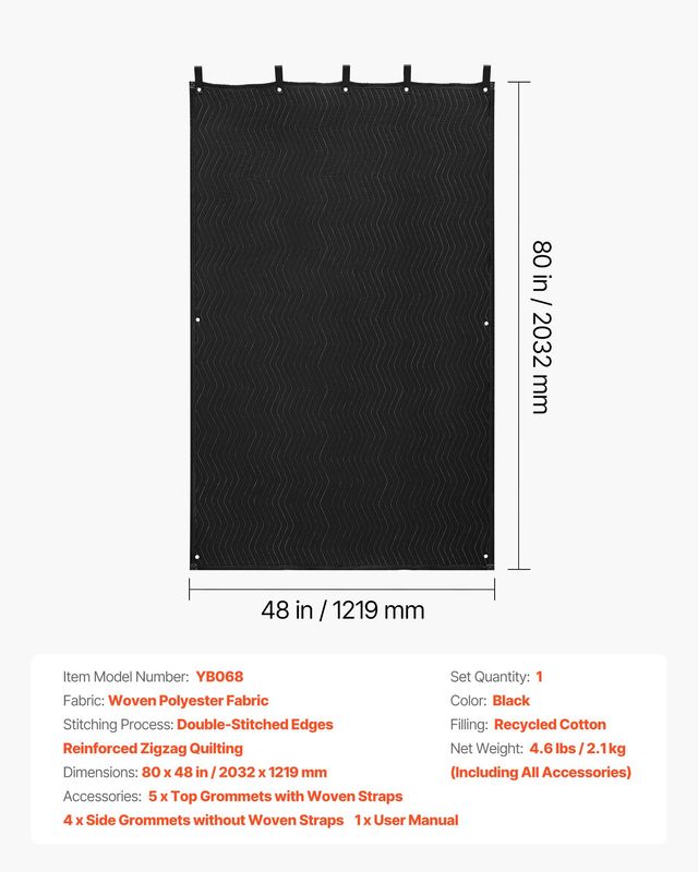 VEVOR Ηχομονωτική Κουβέρτα 80 x 48 in με Μεταλλικούς Κρίκους για Θερμομόνωση και Ηχοαπορρόφηση DCBYTL96W48I9SVVT001V0