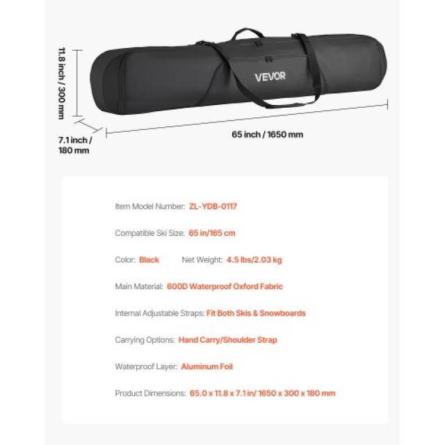 VEVOR Τσάντα Snowboard έως 65 εκ., Αδιάβροχο Υλικό 600D Oxford, με Εσωτερικούς Ιμάντες, Μαύρο HXYJBXBB165C18EI5001V0