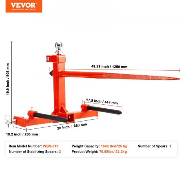 VEVOR Δόρυ Σανό 49, Φορτίο 1600lbs, Προσαρμογή Τρακτέρ με 2 Σταθεροποιητές 17.5  TZCZS49INCHSCWHSBV0
