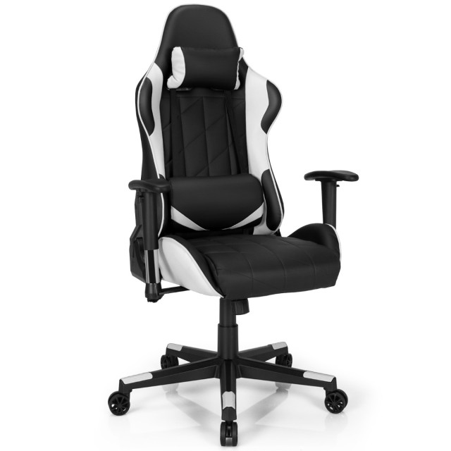 Costway Αγωνιστική Καρέκλα Gaming με Ρυθμιζόμενη Κλίση 90°-160°, Λευκός Χρώματος με Κεφαλοθρύπτρα & Οσφυϊκό Μαξιλάρι CB10299WH