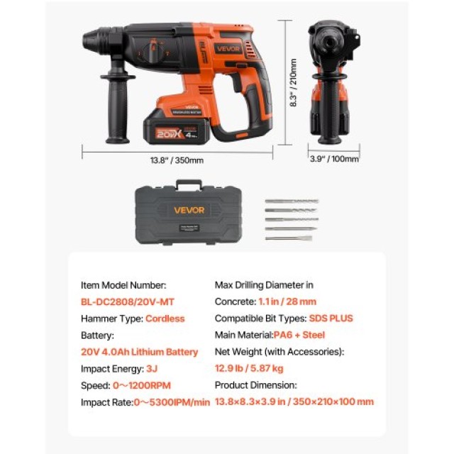 VEVOR 20V SDS-Plus Ασύρματο Περιστροφικό Σφυρί Δράπανο Kit DC20WSDC28MMG9H4B001V2