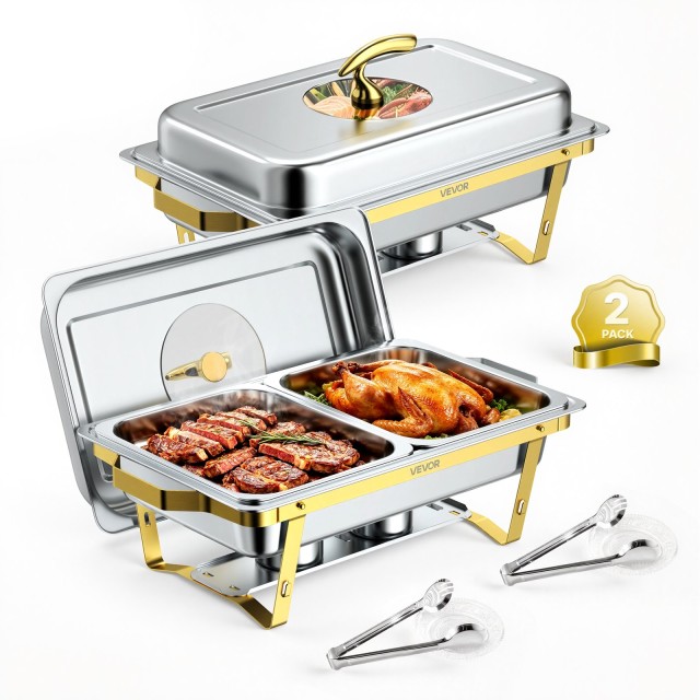 VEVOR Σετ 2 Ορθογώνιων Chafing Dishes Μπουφέ 8,5L από Ανοξείδωτο Ατσάλι με Γυάλινο Καπάκι, Δοχεία Καυσίμου και Λαβίδα ZFXCLBXGGHBLHPFJP001V0
