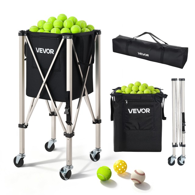 VEVOR Καρότσι συλλογής μπαλών τένις και pickleball, πτυσσόμενο, με ρόδες, ανοξείδωτο, με τσάντα αποθήκευσης, χωρητικότητα 200 μπαλών KZDWQSNTC200BE5DR001V0