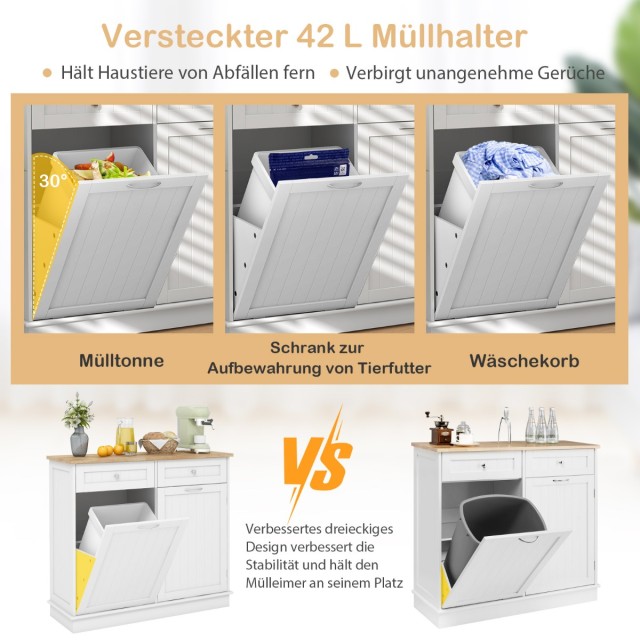 Costway Λευκός Αναδιπλούμενος Κάδος Απορριμμάτων 42 Λίτρων με Ασφαλές Ντουλάπι Ανακύκλωσης για Κατοικίδια KC57219WH