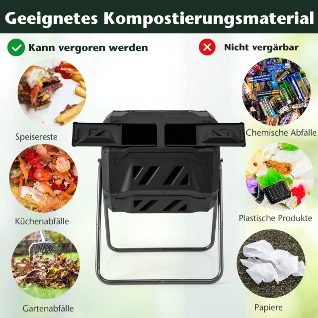 Costway Διπλός Περιστρεφόμενος Κάδος Κομποστοποίησης 160L Μαύρος για Κήπο GT4159DK