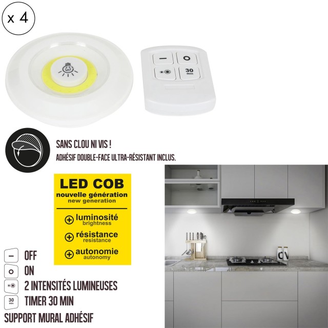JE CHERCHE UNE IDEE Σετ 4 Αυτοκόλλητα LED Φωτιστικά Ραφιών με Dimmer - Λευκά  LT6841