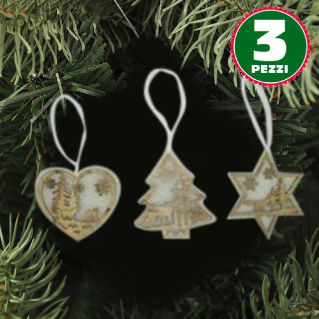 BAKAJI 3 Ξύλινα Χριστουγεννιάτικα Στολίδια σε Σχήμα Αστέρι, Δέντρο, Καρδιά με Σκηνικό 16 εκ. 02662493