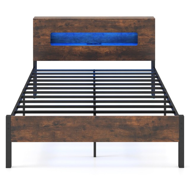 Costway Κρεβατοκάμαρα με Βιομηχανικό Σχεδιασμό και LED Φώτα, Πλατφόρμα με Κεφαλάρι Αποθήκευσης σε Ρουστίκ Καφέ Χρώμα 92 x 140 x 222 cm HU11099DE-D