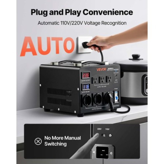VEVOR Μετασχηματιστής Ισχύος Heavy Duty 6000VA, 110V/220V, 3 US & 3 EU Πρίζες, LCD Οθόνη SXDYZHQZD110QYQQU001V2