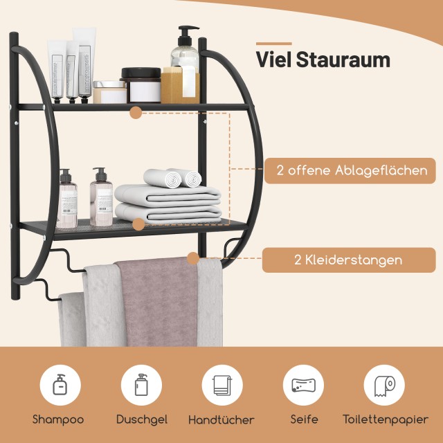 Costway Μεταλλική Μαύρη Κρεμάστρα Πετσετών με Ράφι Μπάνιου 45x25,5x55 εκ. HW59244BK