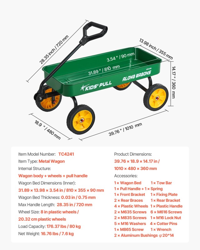 VEVOR Παιδικό Καρότσι Έλξης 101 cm για Κάθε Έδαφος - Πράσινο JSKETTLC19YCV0R4A001V0