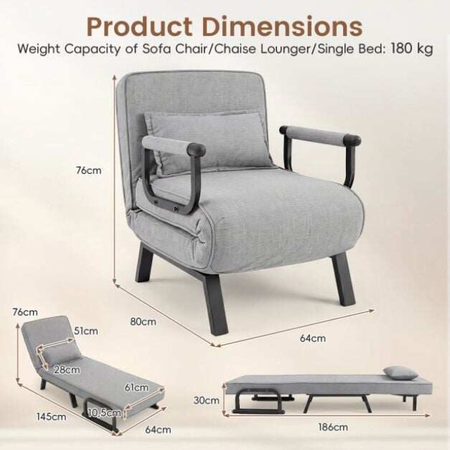 Costway Πολυμορφική Πολυθρόνα-Κρεβάτι 3 σε 1 με Ρυθμιζόμενη Πλάτη 76 x 64 x 80 cm HV11036QH