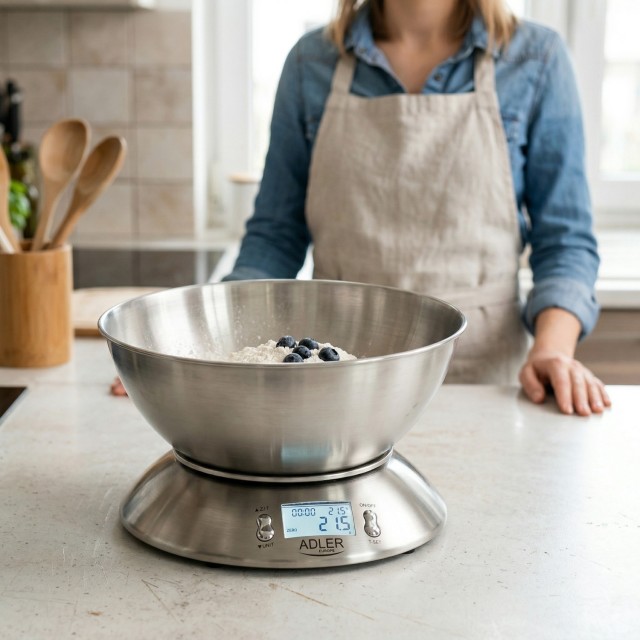 Adler Ηλεκτρονική Ζυγαριά Κουζίνας 5kg/1g με Ανοξείδωτο Μπωλ, Θερμόμετρο & Χρονοδιακόπτη AD-3134