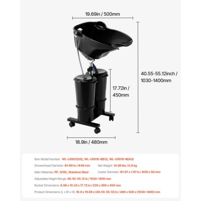 VEVOR Φορητός Νιπτήρας Κομμωτηρίου με Ρυθμιζόμενο Ύψος και Σωλήνα Αποστράγγισης LSXXFSCLSXSTYUHJAV2