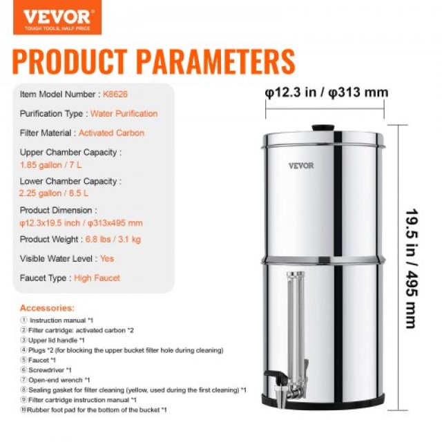 VEVOR  Σύστημα Φίλτρου Νερού Βαρύτητας 2.25G Ανοξείδωτο με 2 Φίλτρα ZLLSQ225GALHH9R8ZV0