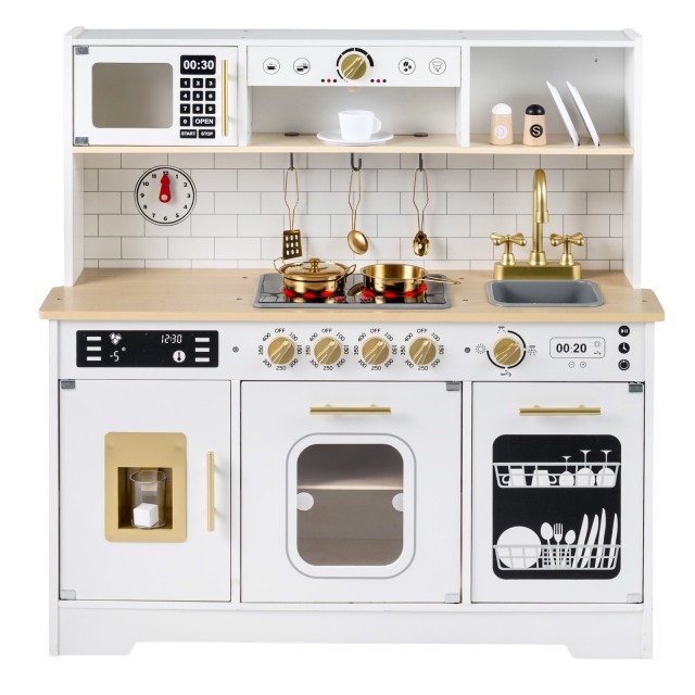Costway Ξύλινη Παιδική Κουζίνα με Φως και Ήχους, Εστία και Νεροχύτη με 14 Αξεσουάρ, Λευκή, 88 x 29 x 85 cm TP10292SL
