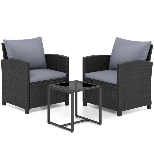 Costway Σετ κήπου ρατάν με 2 καρέκλες, μαξιλάρια και γυάλινο τραπέζι, γκρι NP13173GR