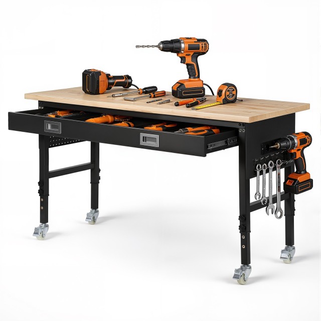 VEVOR Ρυθμιζόμενος Πάγκος Εργασίας 1524 mm, Φορτίο 680 kg, με Συρτάρι, Πρίζα, Ρόδες και Πινακίδα για Εργαστήριο, Γραφείο & Σπίτι LDSGZTDCTKDLW0SEX001V2