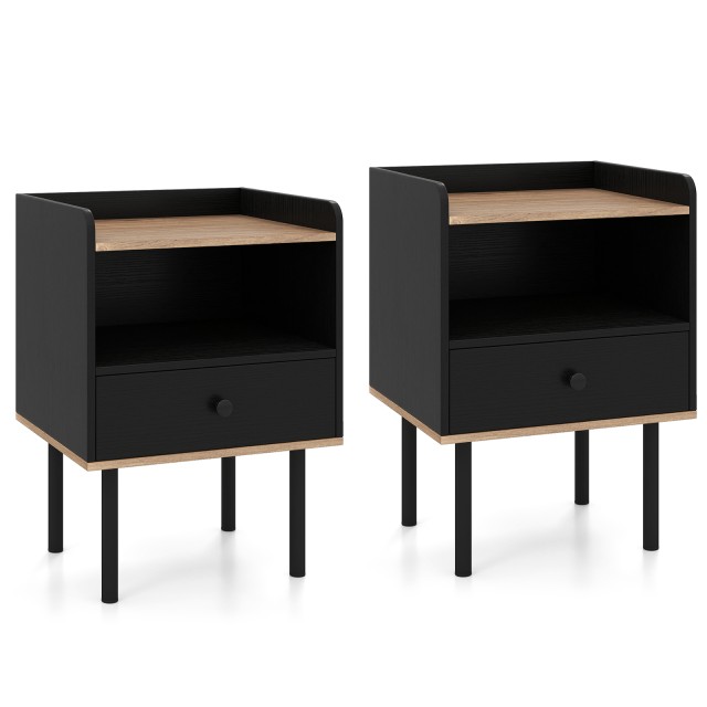 Costway Σετ 2 Μαύρα Κομοδίνα με Συρτάρι και Ανοιχτό Ράφι, Μοντέρνο Πλαϊνό Τραπέζι με Μεταλλικά Πόδια 56 x 40,5 x 35 εκ. HU11170DK-2